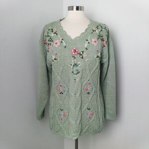 Handmade Vintage Bobbie Brooks Mint Green Floral V-Neck Knit Sweater Size Large